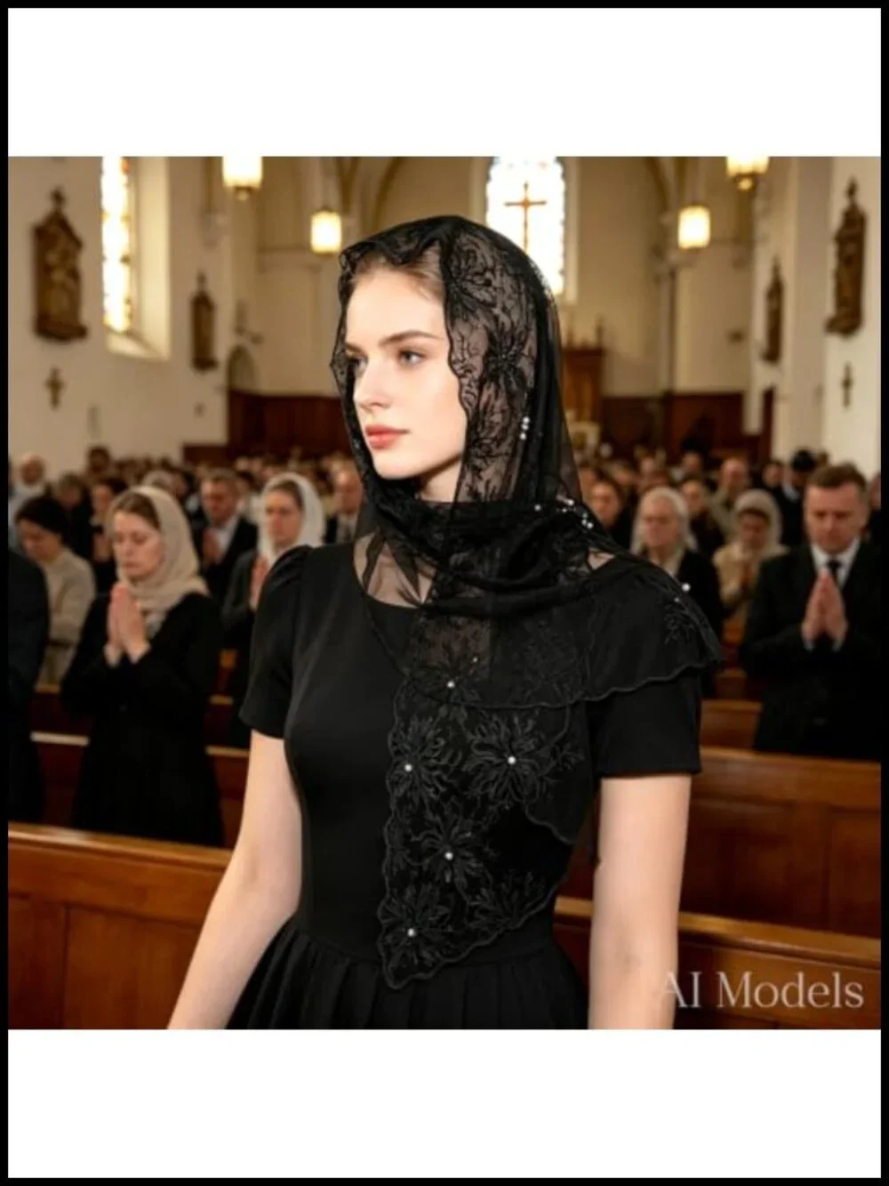 Long Lace Pearl Veil Scarf Wrap Shawl for Church Wedding Prayer
